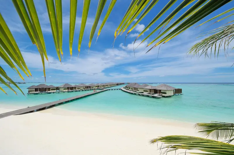 Vue aérienne d'une plage de sable blanc et de bungalows sur pilotis dans une eau turquoise.