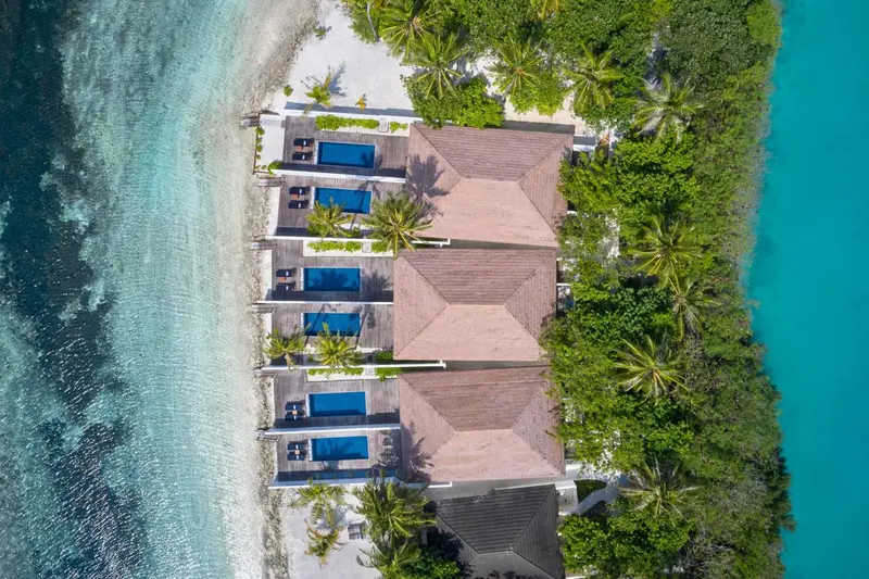 Vue aérienne de bungalows individuels avec piscine privée sur une plage tropicale.