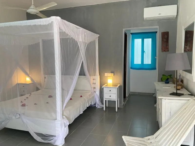 Une chambre lumineuse avec un lit à baldaquin et une décoration soignée.
