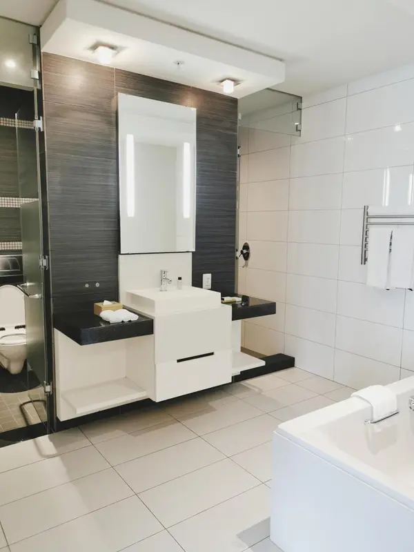 Une salle de bain moderne avec une douche à l'italienne et un lavabo blanc.