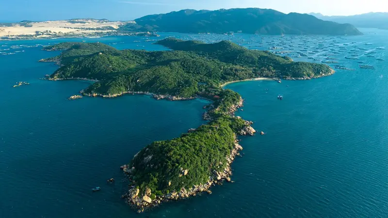 Vue aérienne d'îles verdoyantes entourées d'eaux bleues.