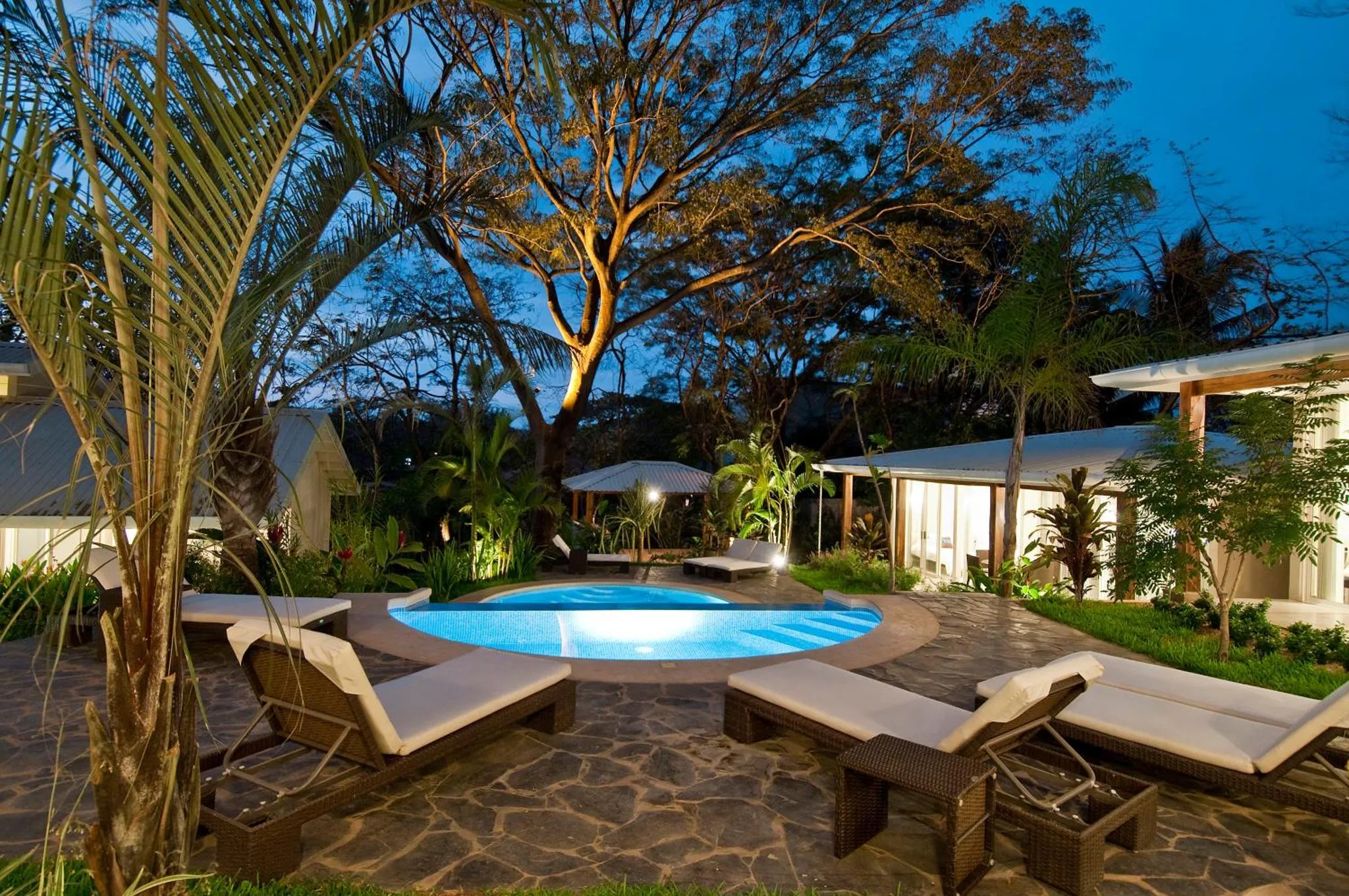Transats et petite piscine illuminée dans un jardin tropical au crépuscule.