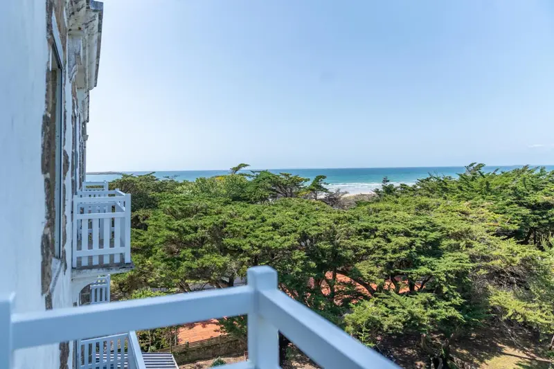 Vue d'un balcon sur la mer et la végétation côtière.