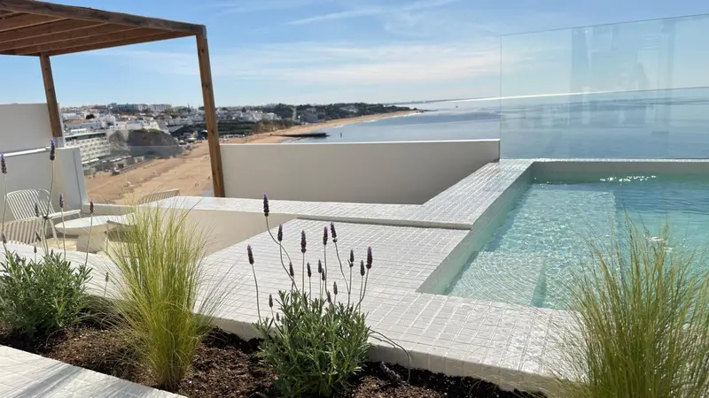 Une piscine à débordement offre une vue sur la mer et la côte.