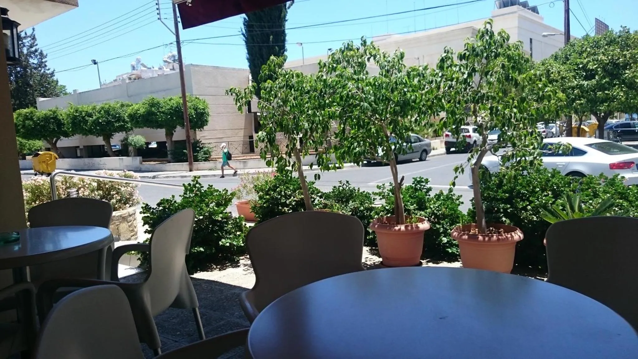 Terrasse ombragée avec tables et chaises en bord de route.