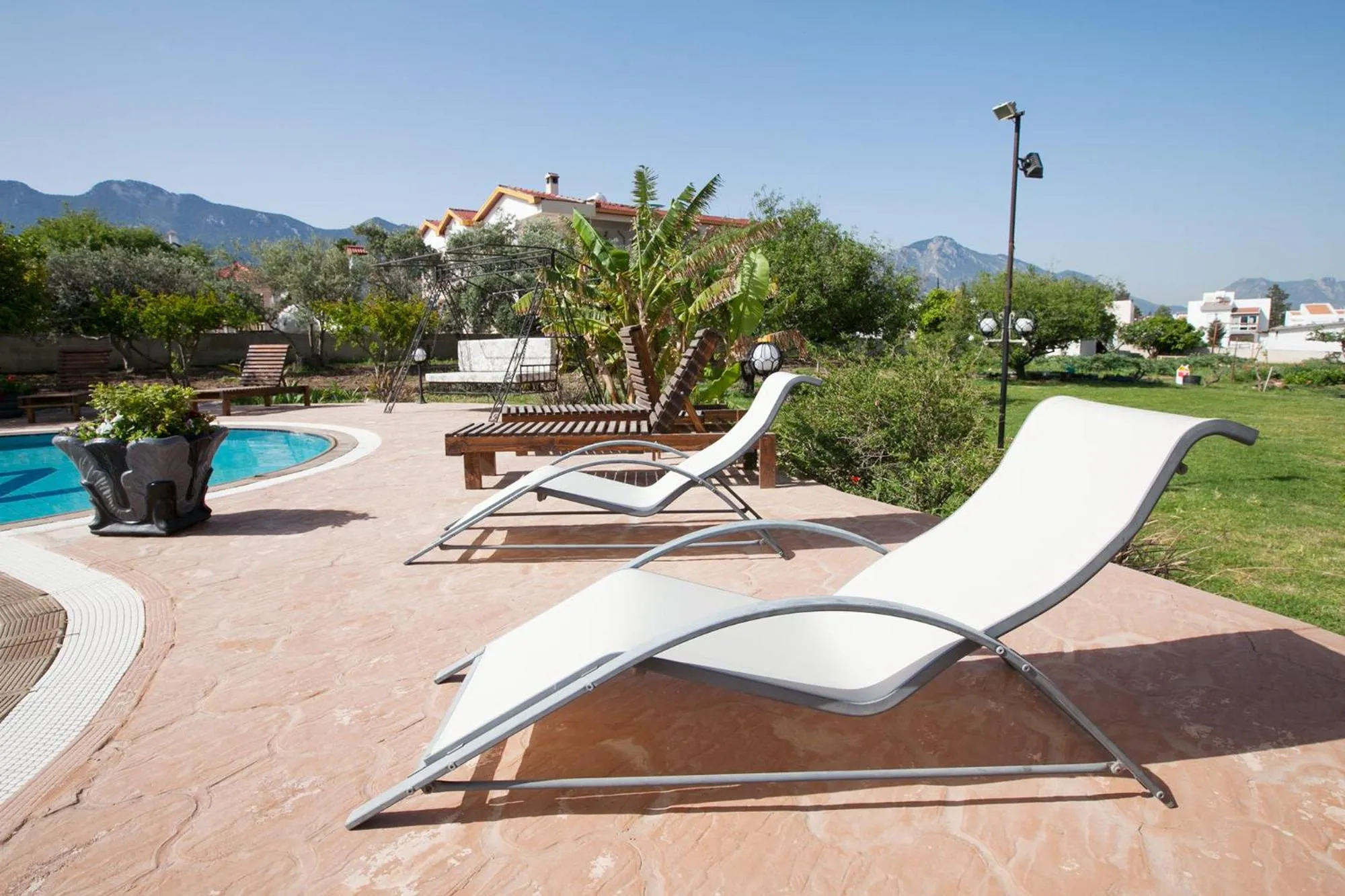 Transats blancs disposés autour d'une piscine ensoleillée avec végétation luxuriante en arrière-plan.