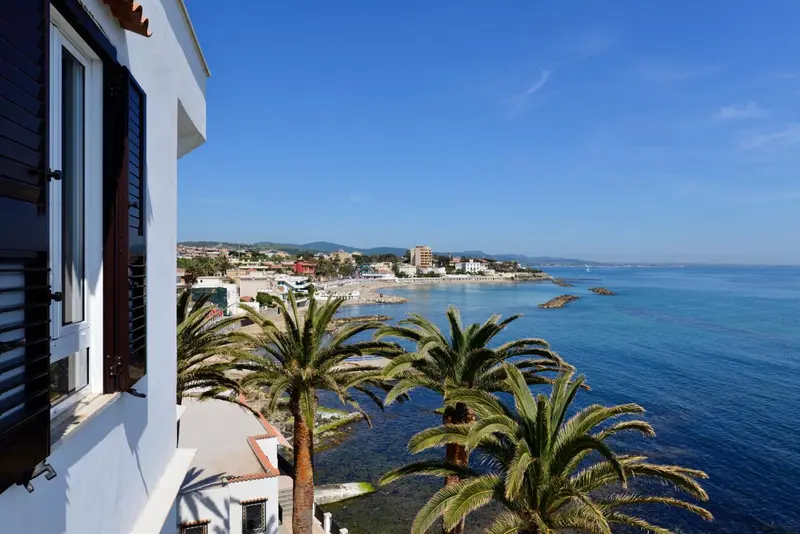 Vue sur la mer et la côte depuis un balcon ombragé de palmiers.