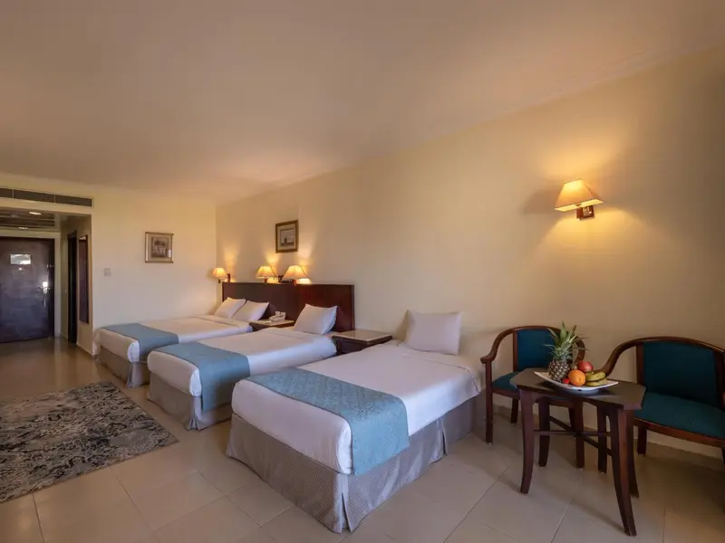 Chambre lumineuse avec deux lits simples et un coin salon.