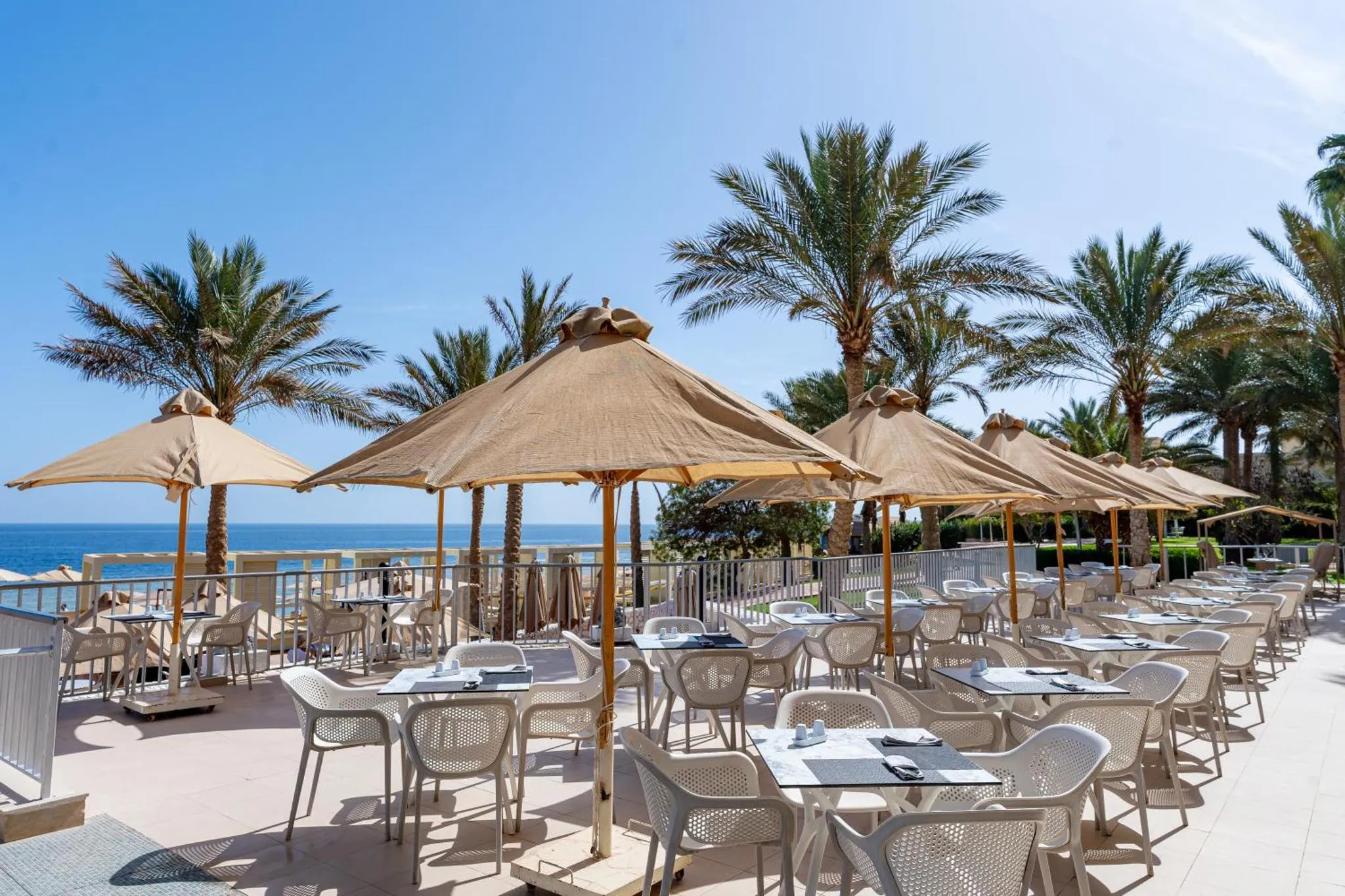 Terrasse ombragée avec tables et chaises en bord de mer.