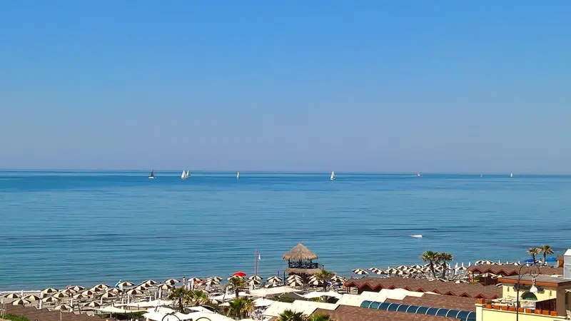 Vue d'une plage ensoleillée avec des voiliers à l'horizon.