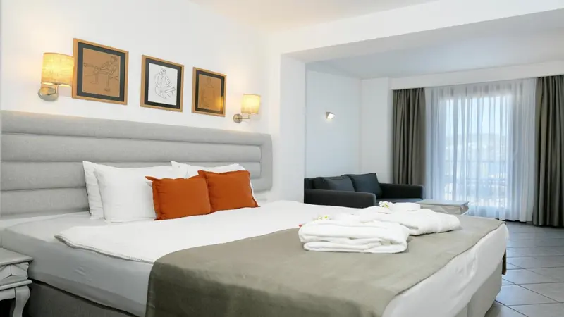 Une chambre lumineuse avec un grand lit et un coin salon.
