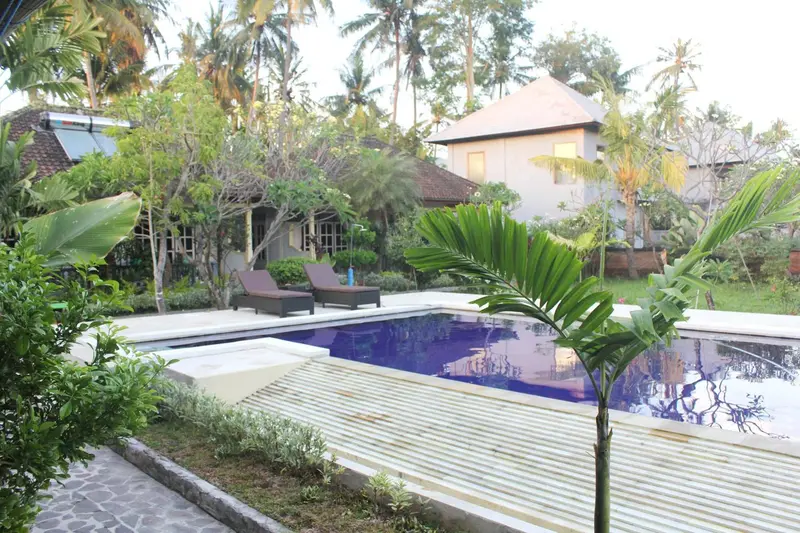 Une piscine rectangulaire bordée d'une terrasse ensoleillée, avec une végétation luxuriante en arrière-plan.