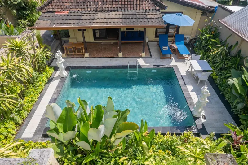 Une piscine rectangulaire entourée d'une terrasse et de végétation luxuriante.