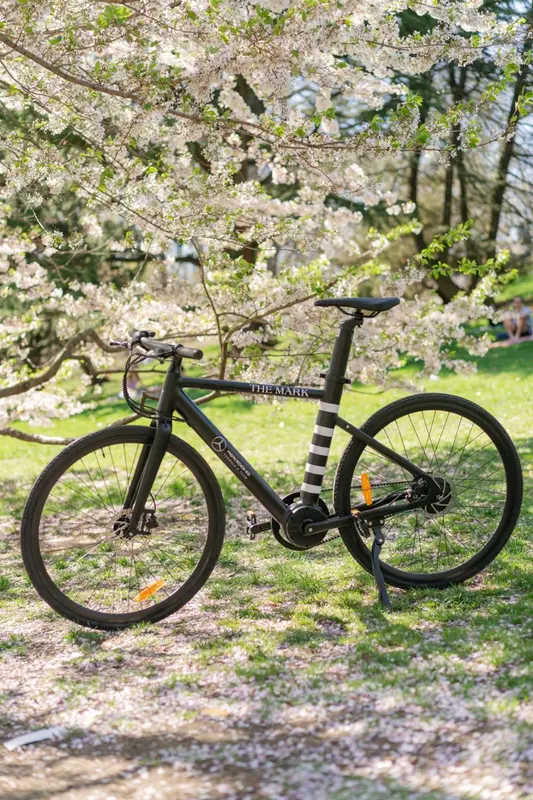 Un vélo noir se tient sur une pelouse fleurie sous des arbres en fleurs.