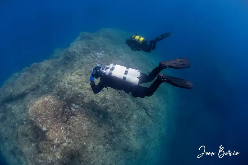 Deux plongeurs explorent un fond rocheux sous la mer.