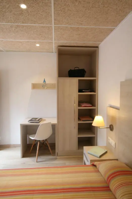 Une chambre avec un bureau et un lit.