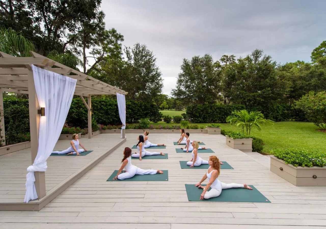 Des personnes pratiquent le yoga sur une plateforme en bois ombragée.
