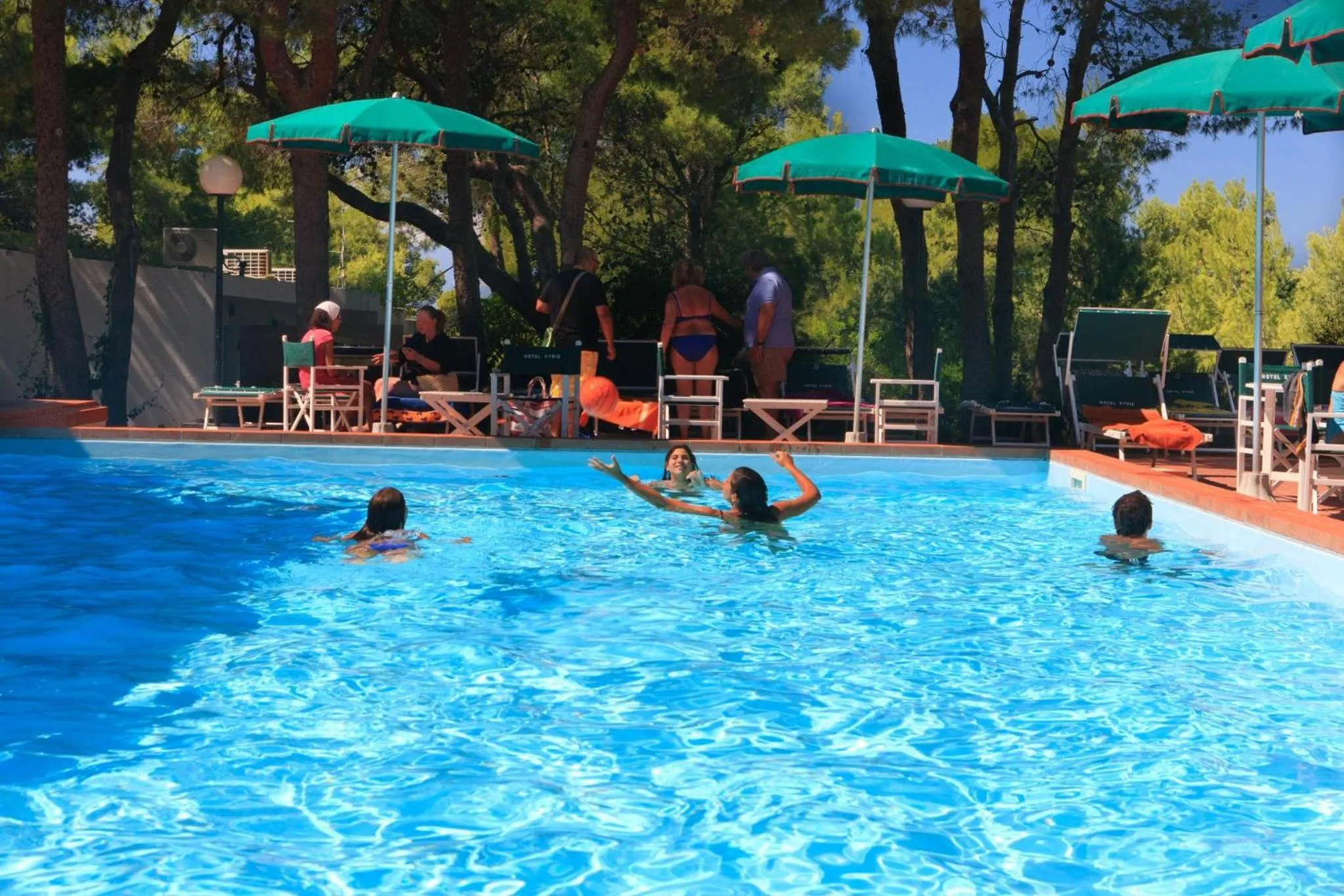 Une piscine ensoleillée avec des personnes s'amusant dans l'eau.