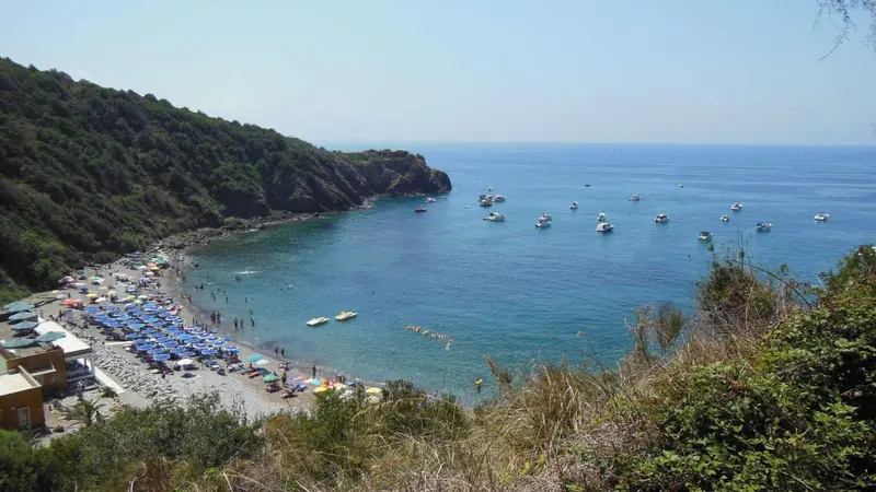 Vue aérienne d'une crique ensoleillée avec des parasols et des bateaux amarrés.