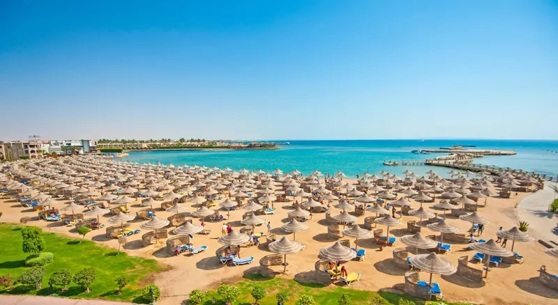 Vue aérienne d'une plage ensoleillée avec des transats et des parasols.