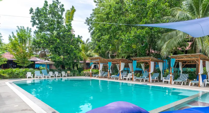 Transats bleus et blancs disposés autour d'une piscine turquoise dans un jardin tropical.
