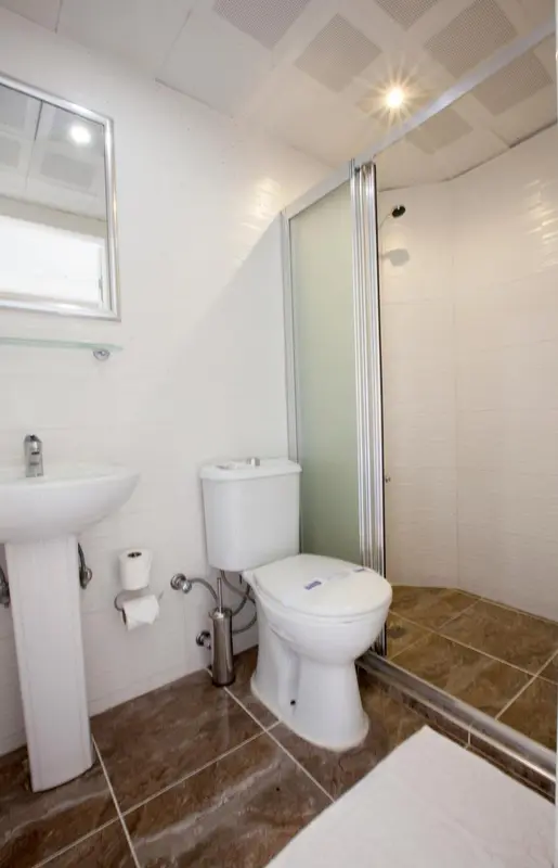 Une salle de bain claire avec douche et sanitaires.