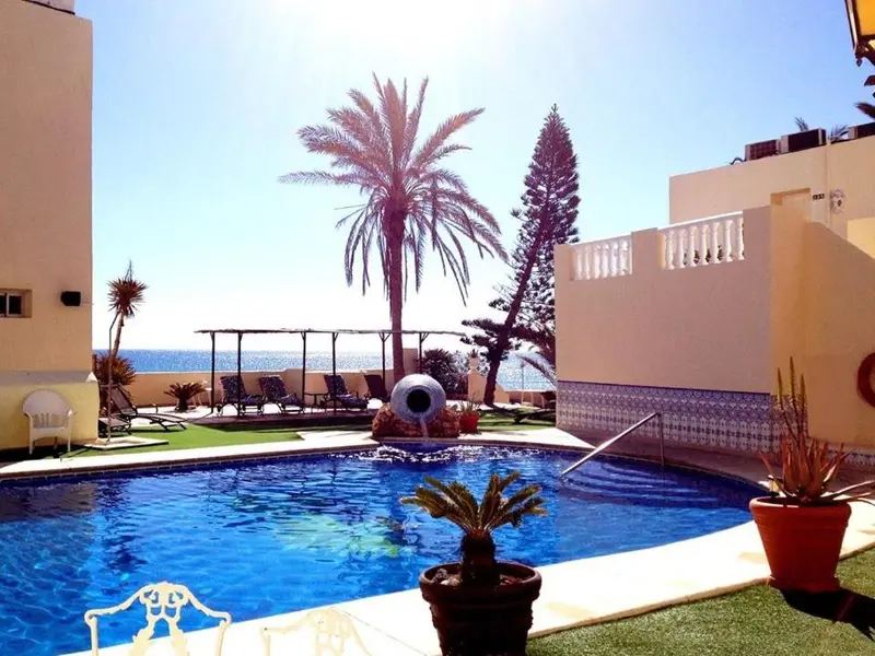Une piscine rectangulaire avec un jardin soigné et des chaises longues.