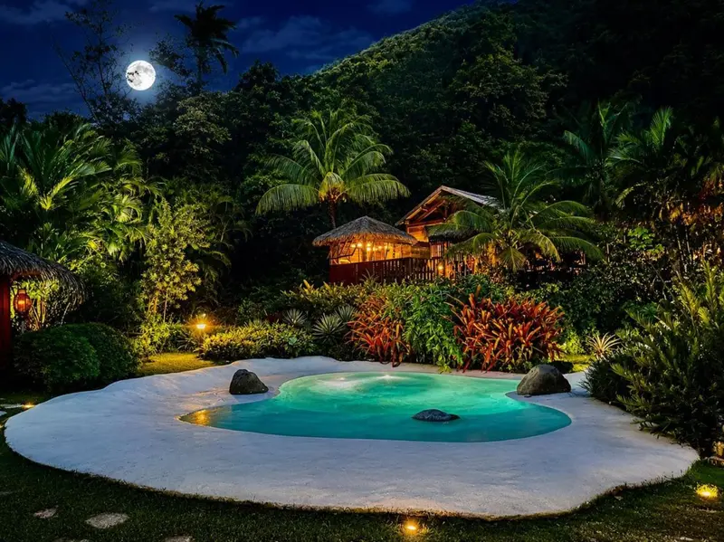 Une piscine illuminée au milieu d'une végétation luxuriante sous une pleine lune.