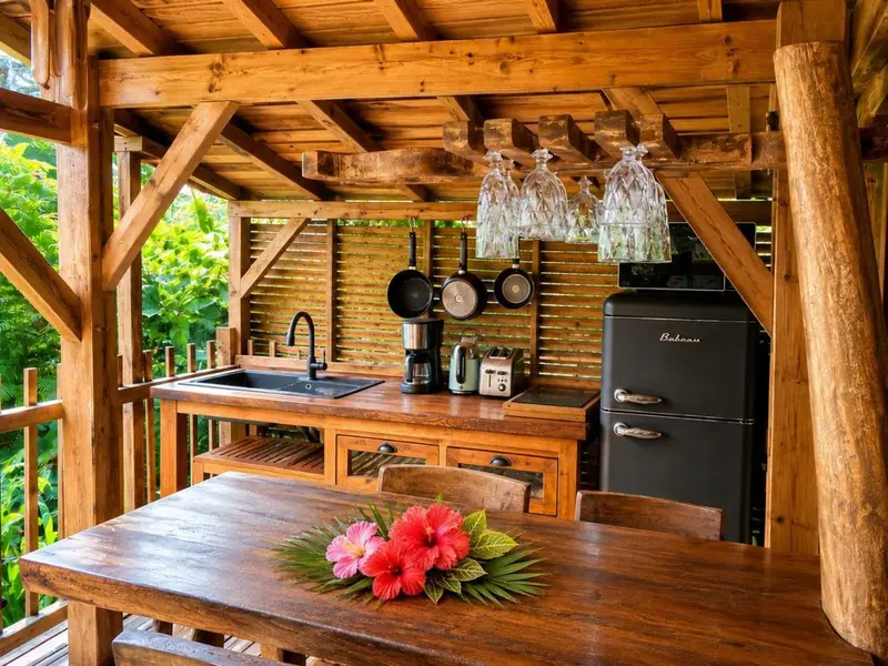 Une cuisine ouverte sur une terrasse en bois avec une table décorée d'une fleur.