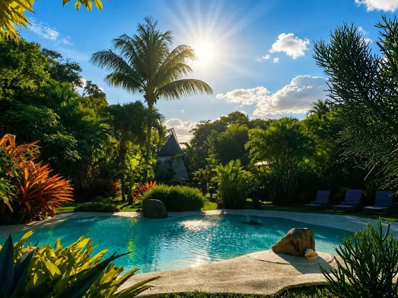 Une piscine turquoise bordée de végétation luxuriante sous un ciel bleu ensoleillé.