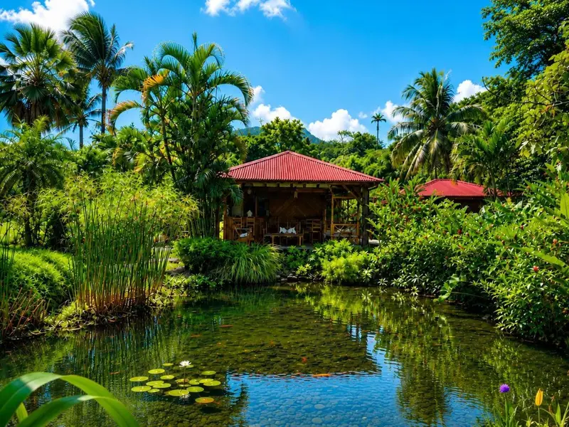 Un pavillon de toit rouge se trouve au milieu d'une végétation luxuriante et d'un étang.