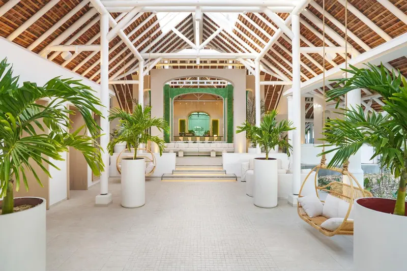 Hall d'accueil lumineux avec végétation tropicale et mobilier blanc.