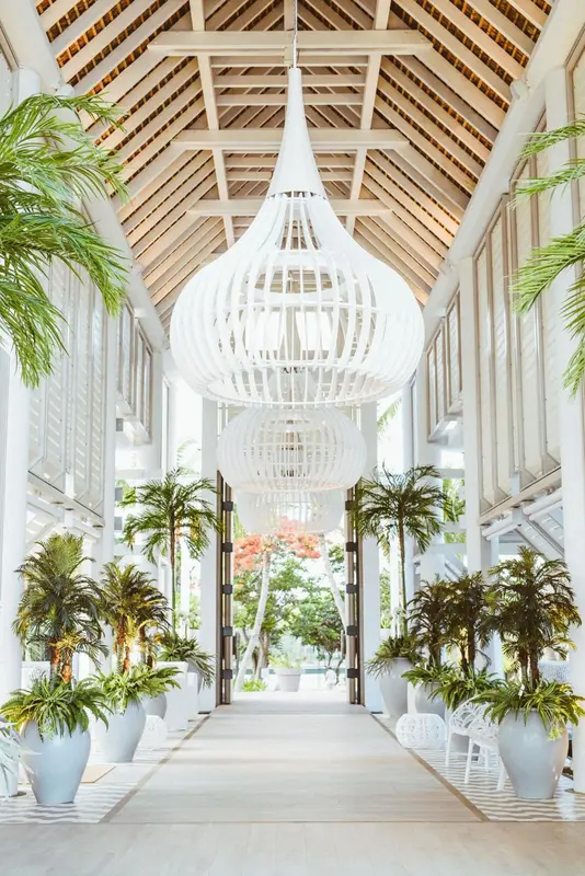 Allée intérieure bordée de plantes et illuminée de lustres suspendus.