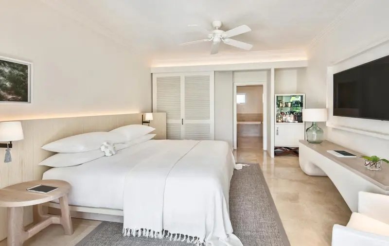 Une chambre lumineuse avec un grand lit et une décoration sobre.
