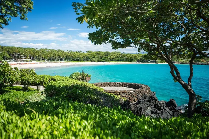 Vue sur une plage de sable blanc bordée de végétation luxuriante et d'une eau turquoise.