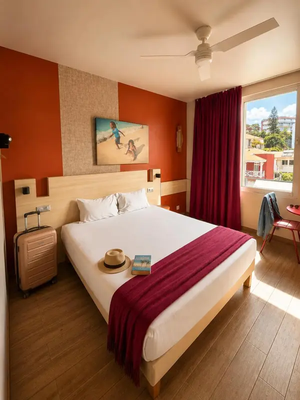 Une chambre lumineuse avec un grand lit recouvert d'une couverture colorée.