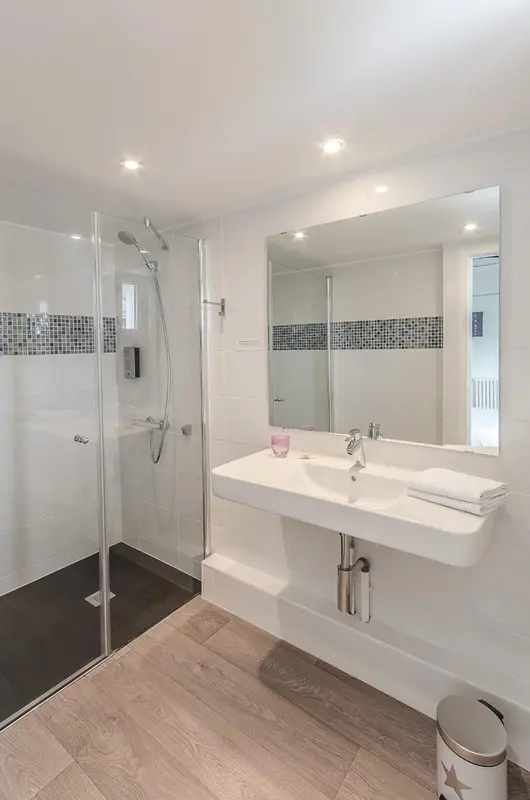Une salle de bain moderne avec douche à l'italienne et lavabo blanc.