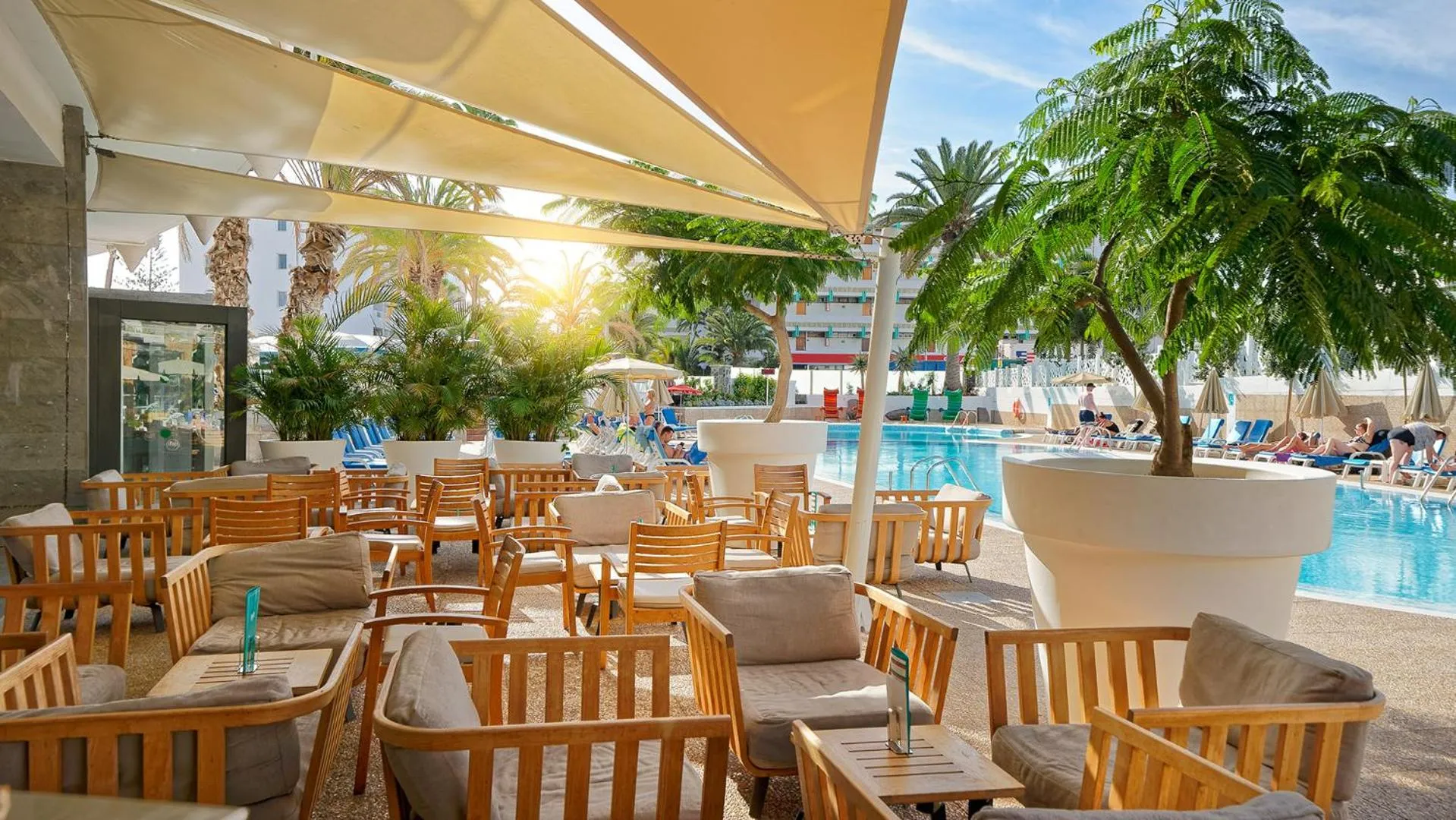 Terrasse ombragée avec mobilier en bois donnant sur une piscine et des palmiers.