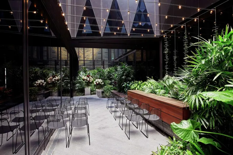 Espace extérieur aménagé avec des chaises, des plantes et un comptoir.
