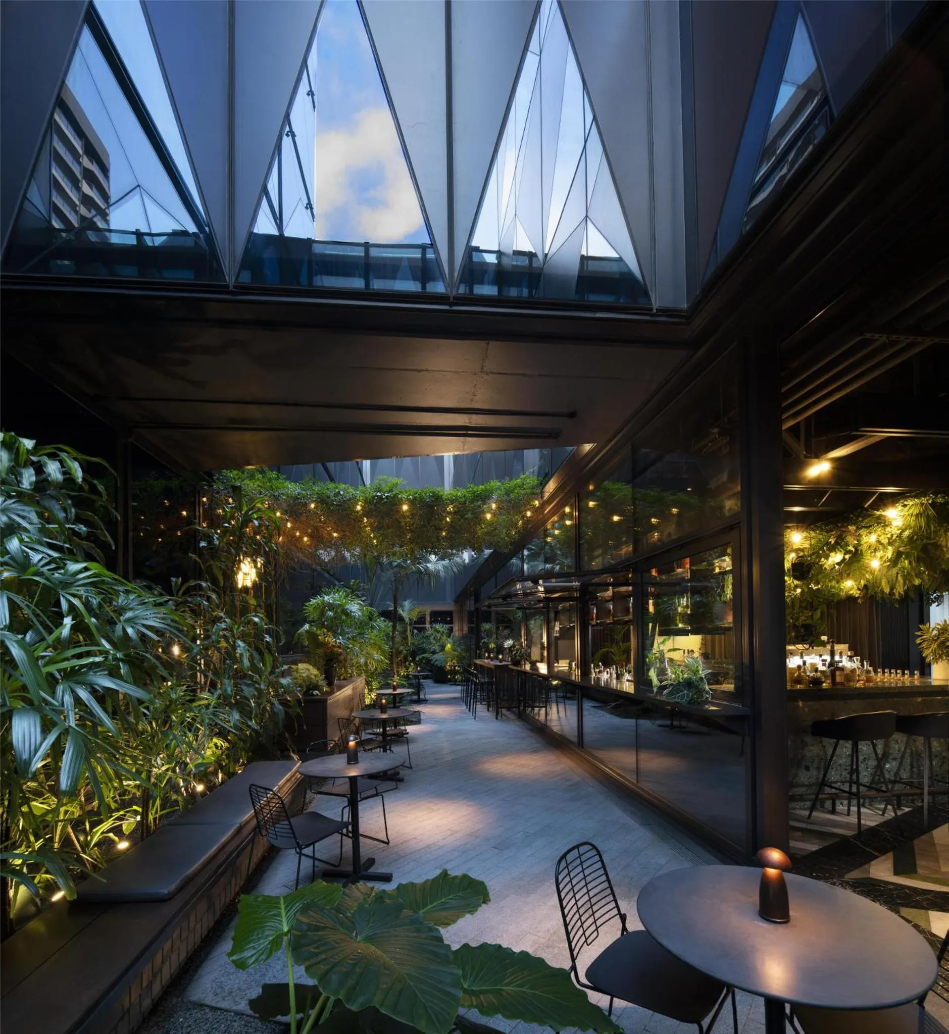 Terrasse ombragée avec tables et végétation luxuriante.