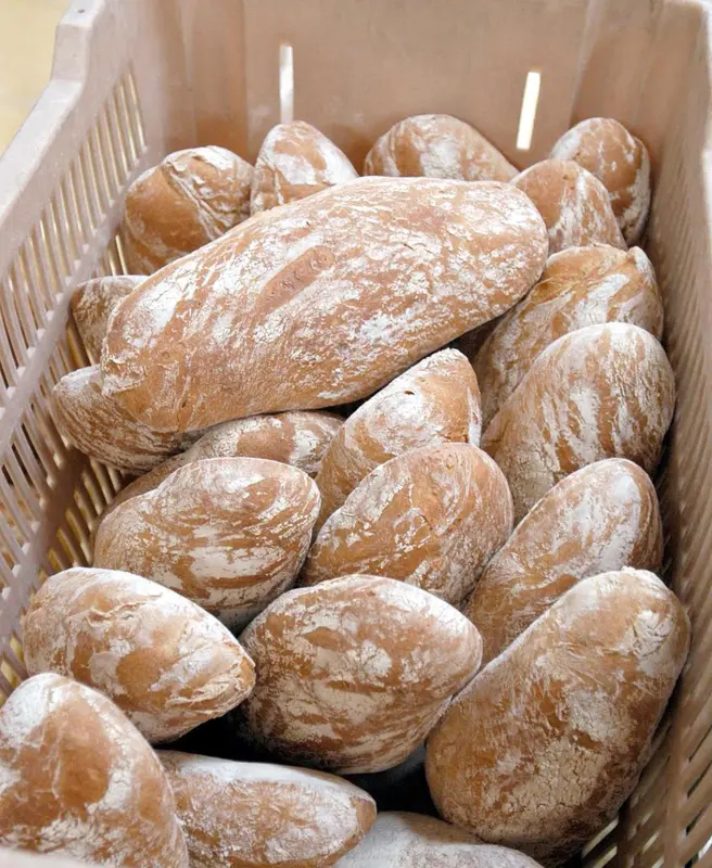 Des pains rustiques sont entassés dans un panier en osier.