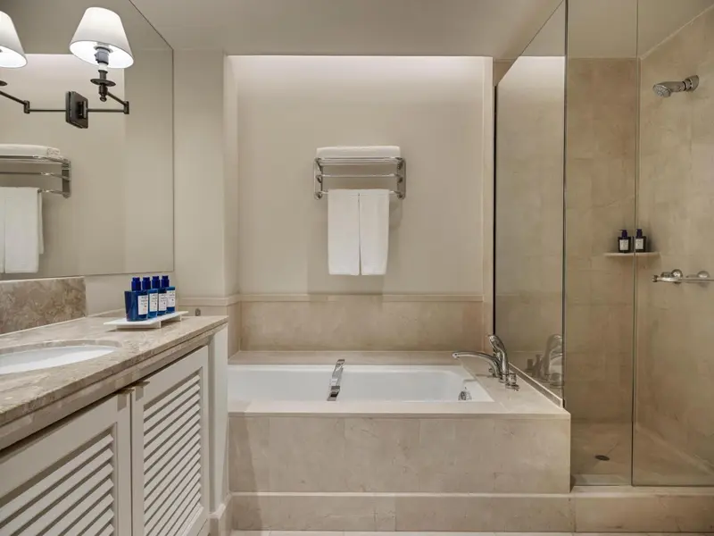 Une salle de bain lumineuse avec baignoire et douche à l'italienne.