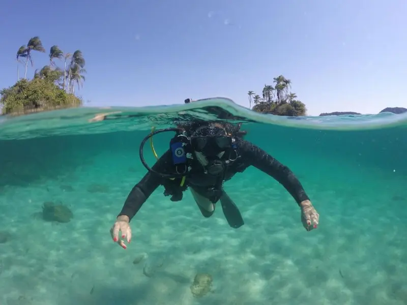 Une personne équipée nage sous la surface de l'eau turquoise.