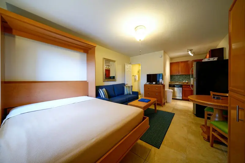 Une chambre lumineuse avec un lit, un canapé et une kitchenette.
