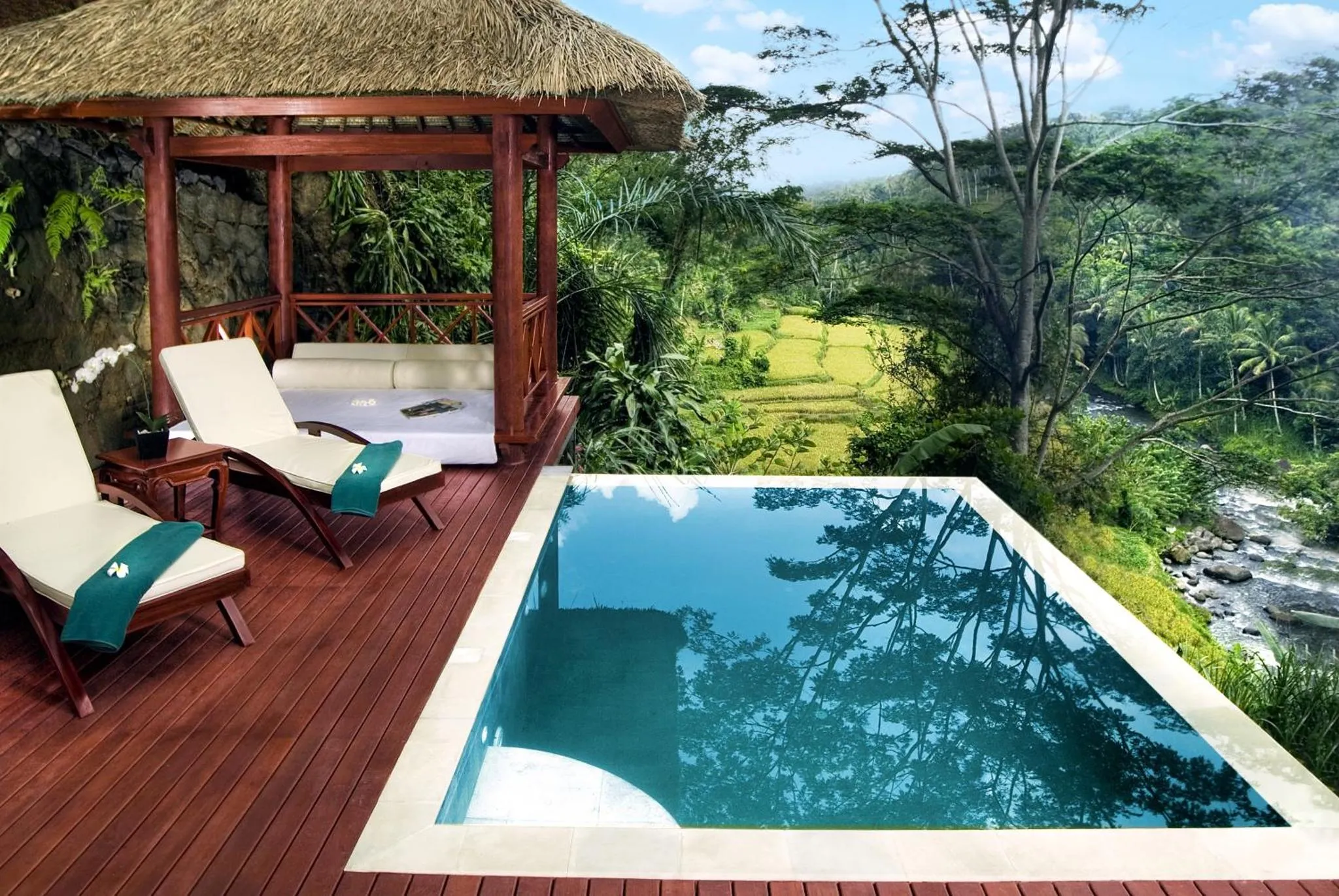 Terrasse avec piscine et mobilier de détente donnant sur une végétation luxuriante.