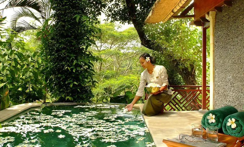 Une femme offre des fleurs dans une piscine privée entourée de végétation luxuriante.