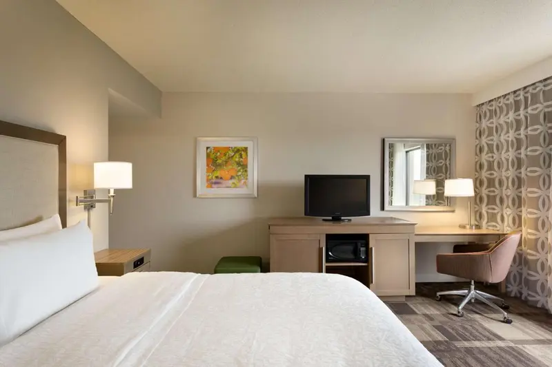 Une chambre d'hôtel lumineuse avec un lit, une télévision et un coin bureau.