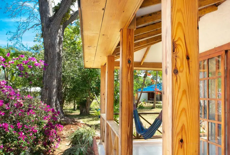 Terrasse en bois avec un hamac dans un jardin tropical.