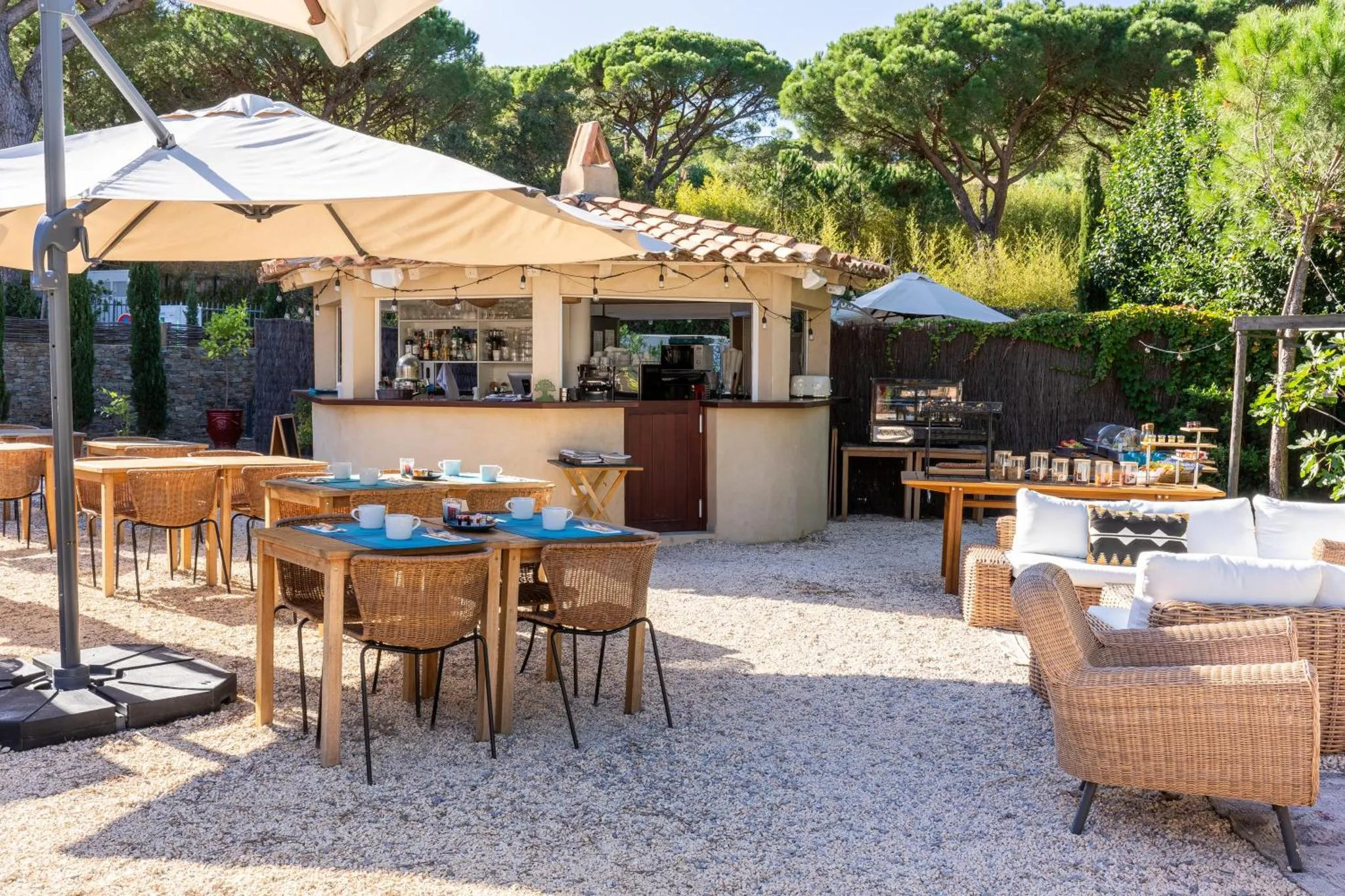 Terrasse ombragée avec tables et un comptoir de bar en fond.