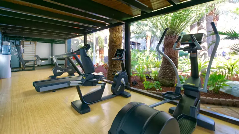 Une salle de sport lumineuse avec des équipements de fitness et une vue sur la végétation.